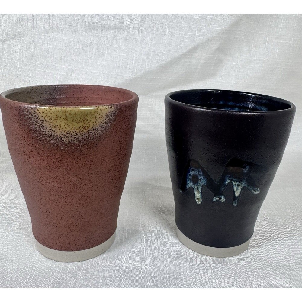 Set of 2 Cups Hand Thrown Vintage Rustic Yonomi Japanese Style Raw Base 4.5 Inch
